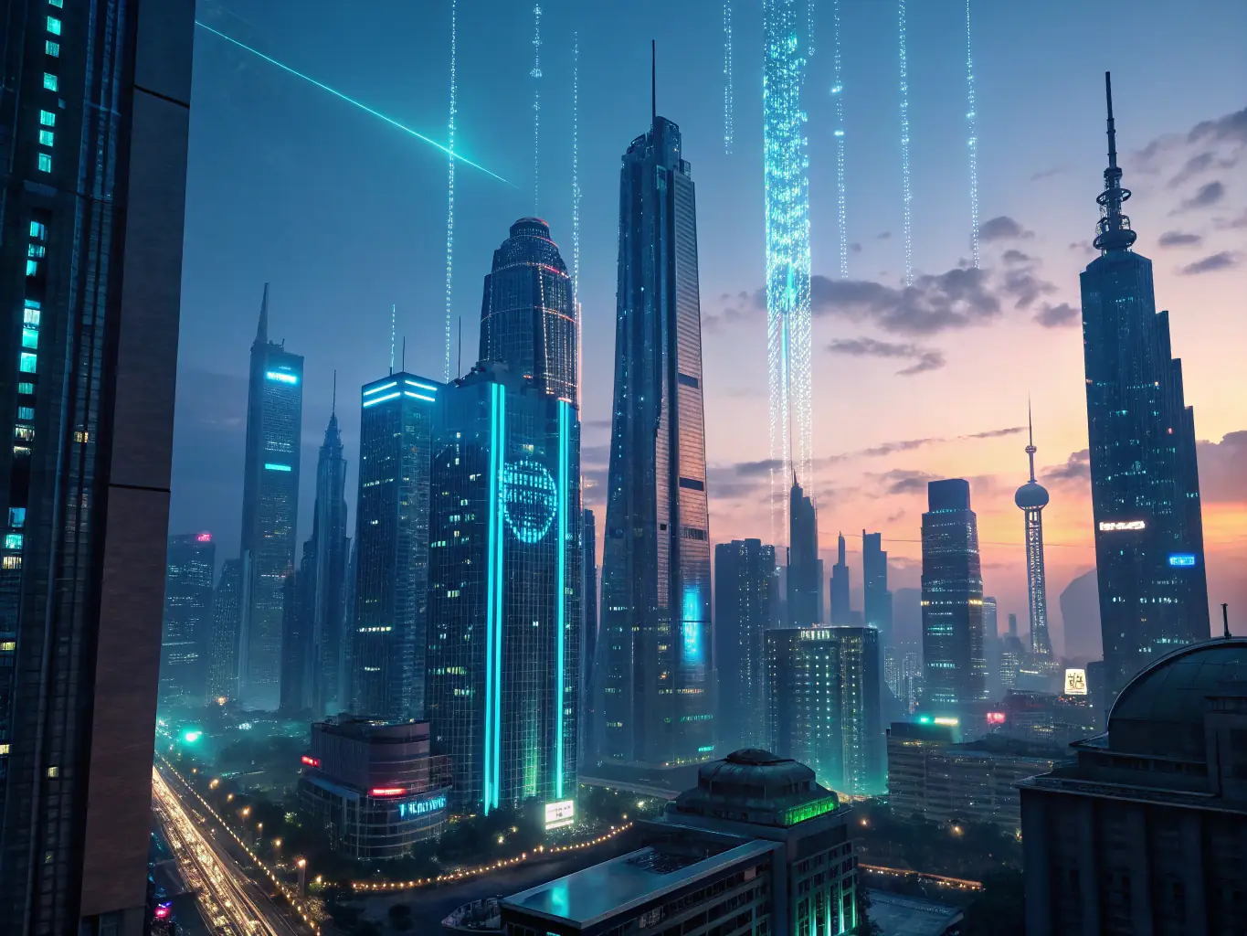 A futuristic cityscape with glowing data streams flowing through the buildings, representing the power and connectivity of Titaneer.ai's AI infrastructure.
