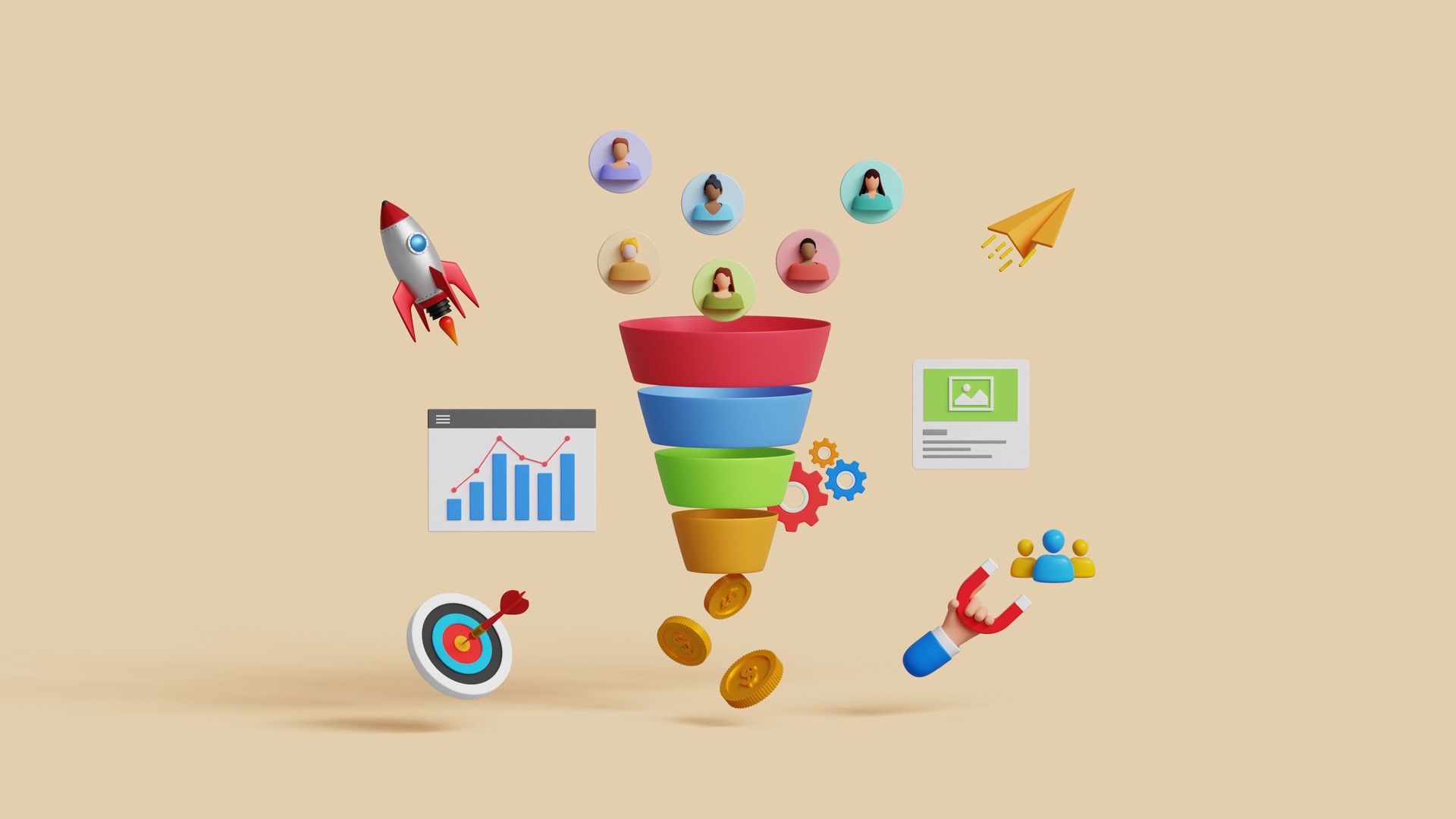 Lead generation, CRO, conversion rate optimization concept. Convert audience into sales. Inbound marketing strategy. 3D marketing funnel attracting audience