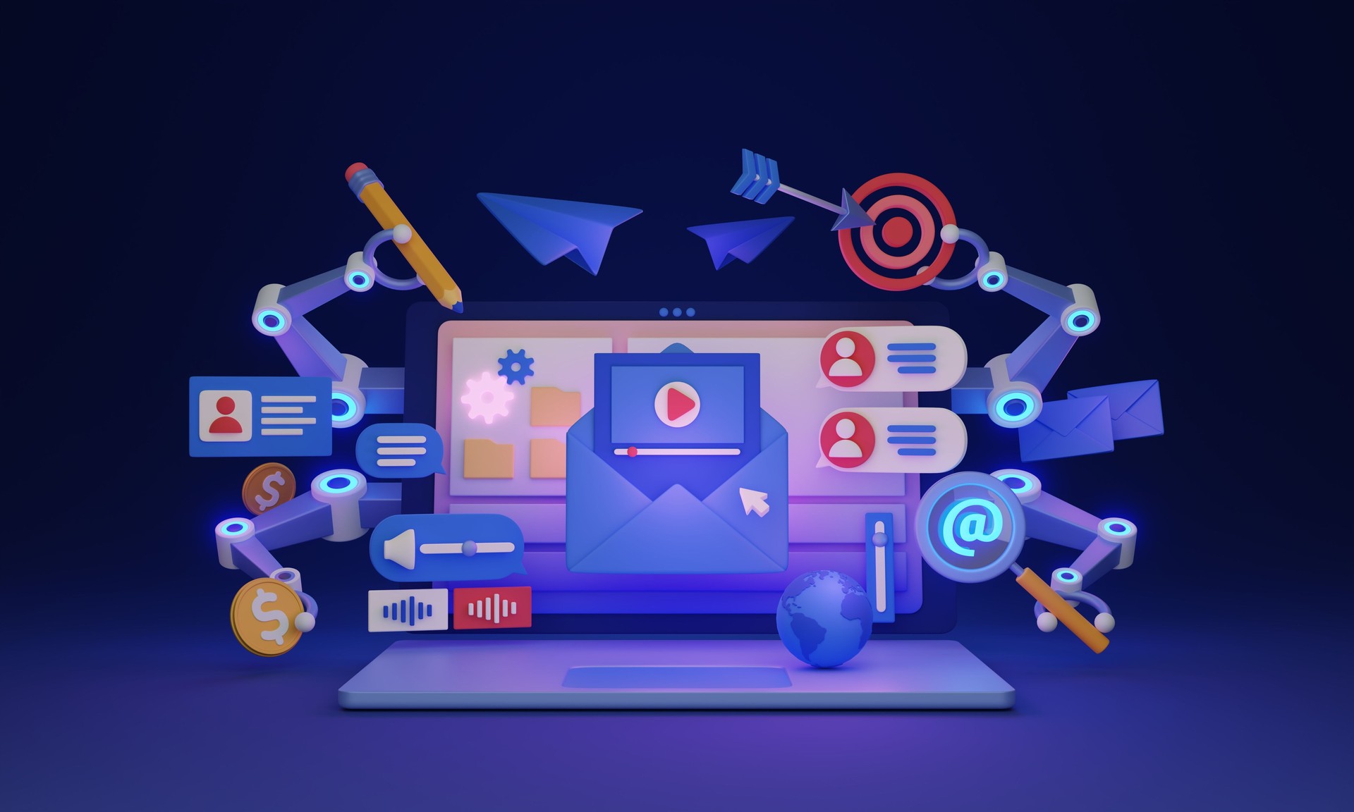 Marketing automation as ad tech social media software 3D illustration concept