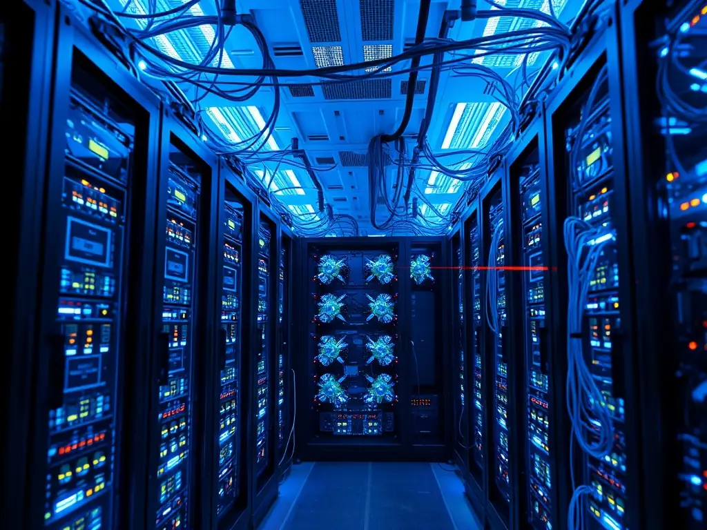 An image showcasing a modern data center with AI servers and network infrastructure, representing Titaneer AI's AI infrastructure solutions.