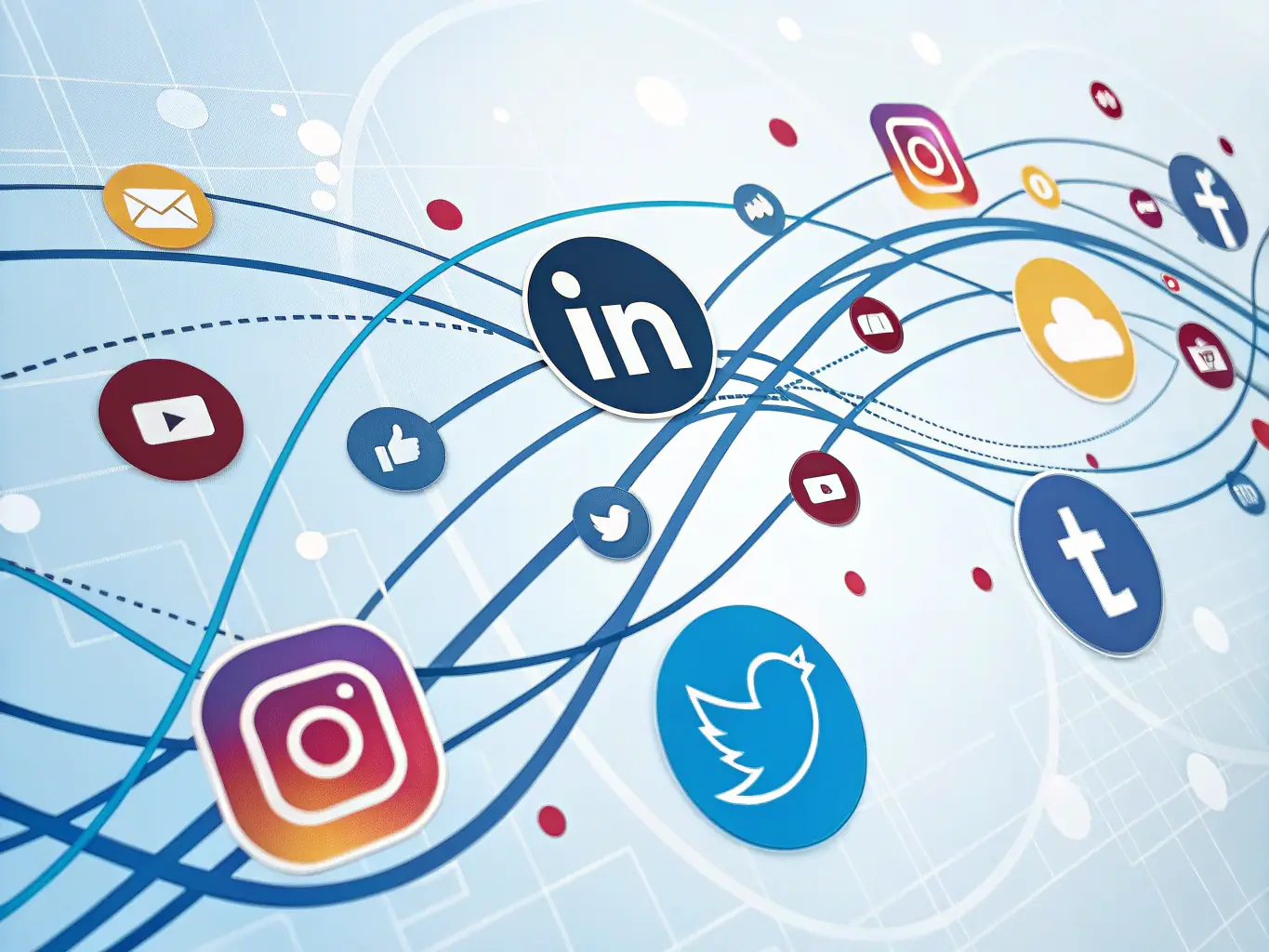 An image showing various social media platforms logos (Facebook, Instagram, Twitter, LinkedIn) arranged creatively to represent a connected network.