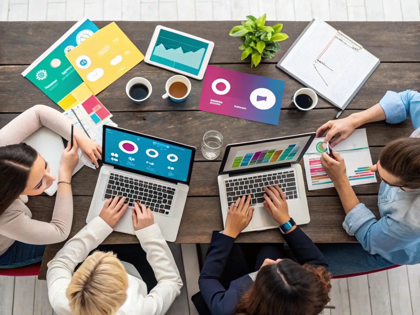 A vibrant image depicting a team of social media marketers collaborating on content strategy, using laptops and tablets to analyze data and create engaging posts.