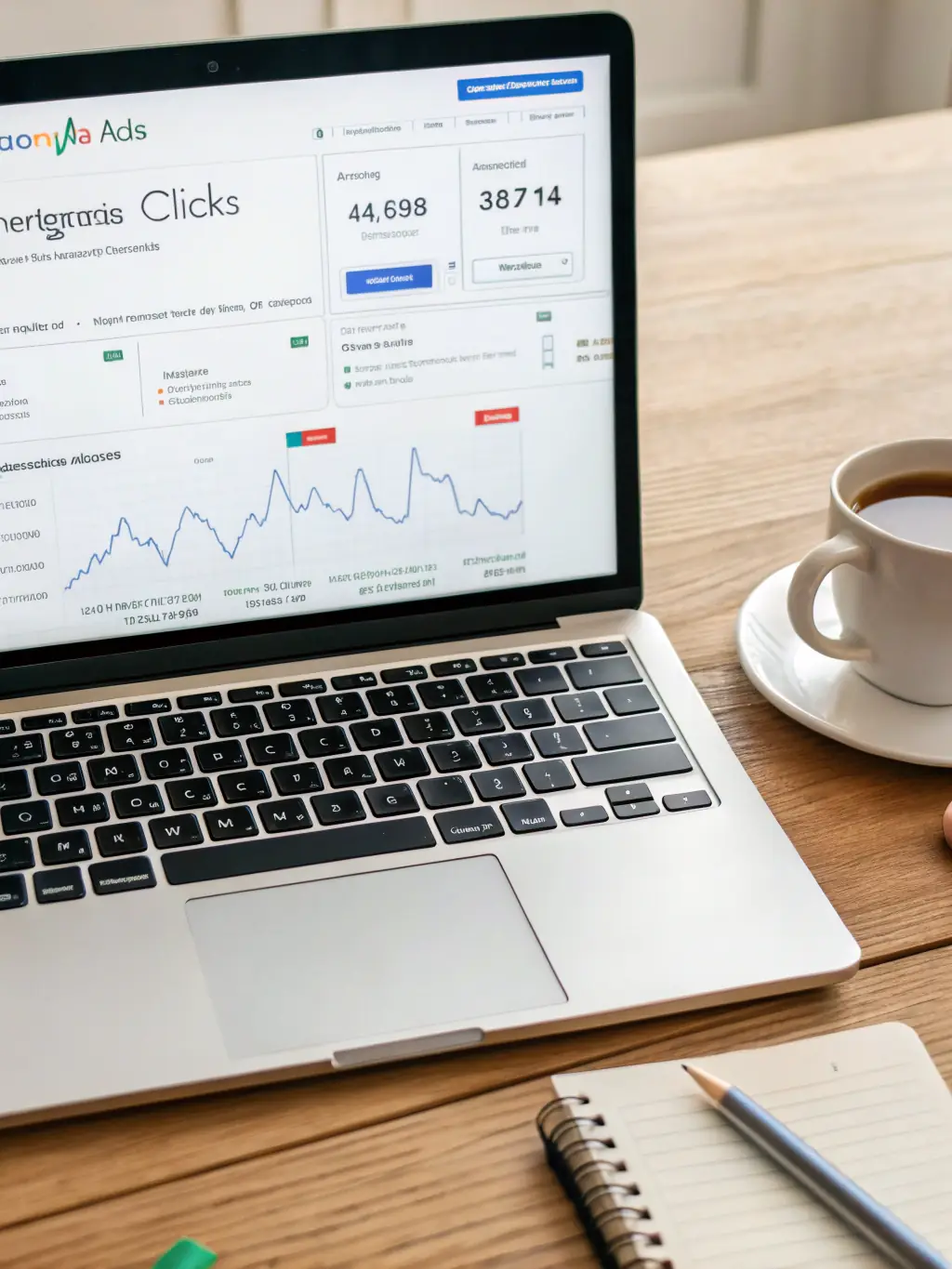 A close-up shot of a Google Ads dashboard displaying positive campaign performance metrics, such as high click-through rates and conversion rates, in the context of Titaneer AI's paid advertising solutions.