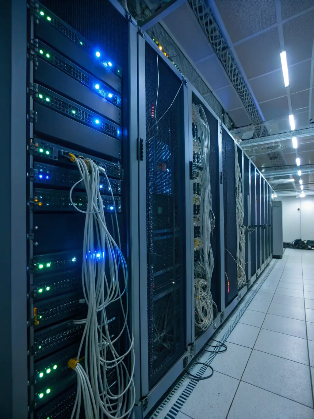 A server room filled with high-performance computing equipment, symbolizing the robust infrastructure Titaneer AI provides for AI solutions, used in the context of showcasing the technological backbone.