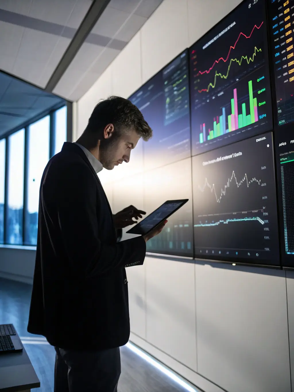 A professional shot of a digital marketing specialist using voice commands to analyze marketing data on a large screen, showcasing the integration of voice AI in data analysis.