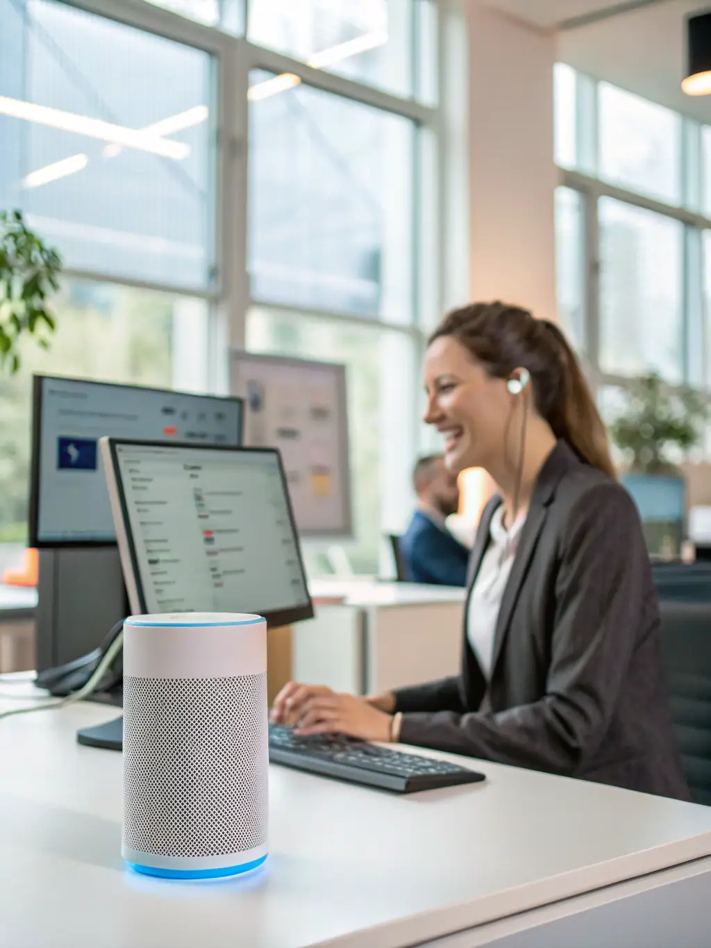 A futuristic image of a customer interacting with a voice assistant to make a purchase, highlighting the convenience and efficiency of voice commerce.