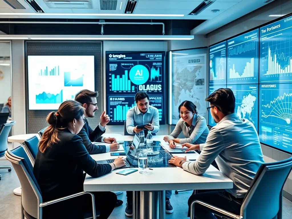 A professional, modern office setting with team members collaborating around a large screen displaying AI analytics dashboards, showcasing Titaneer Digital's data-driven approach.