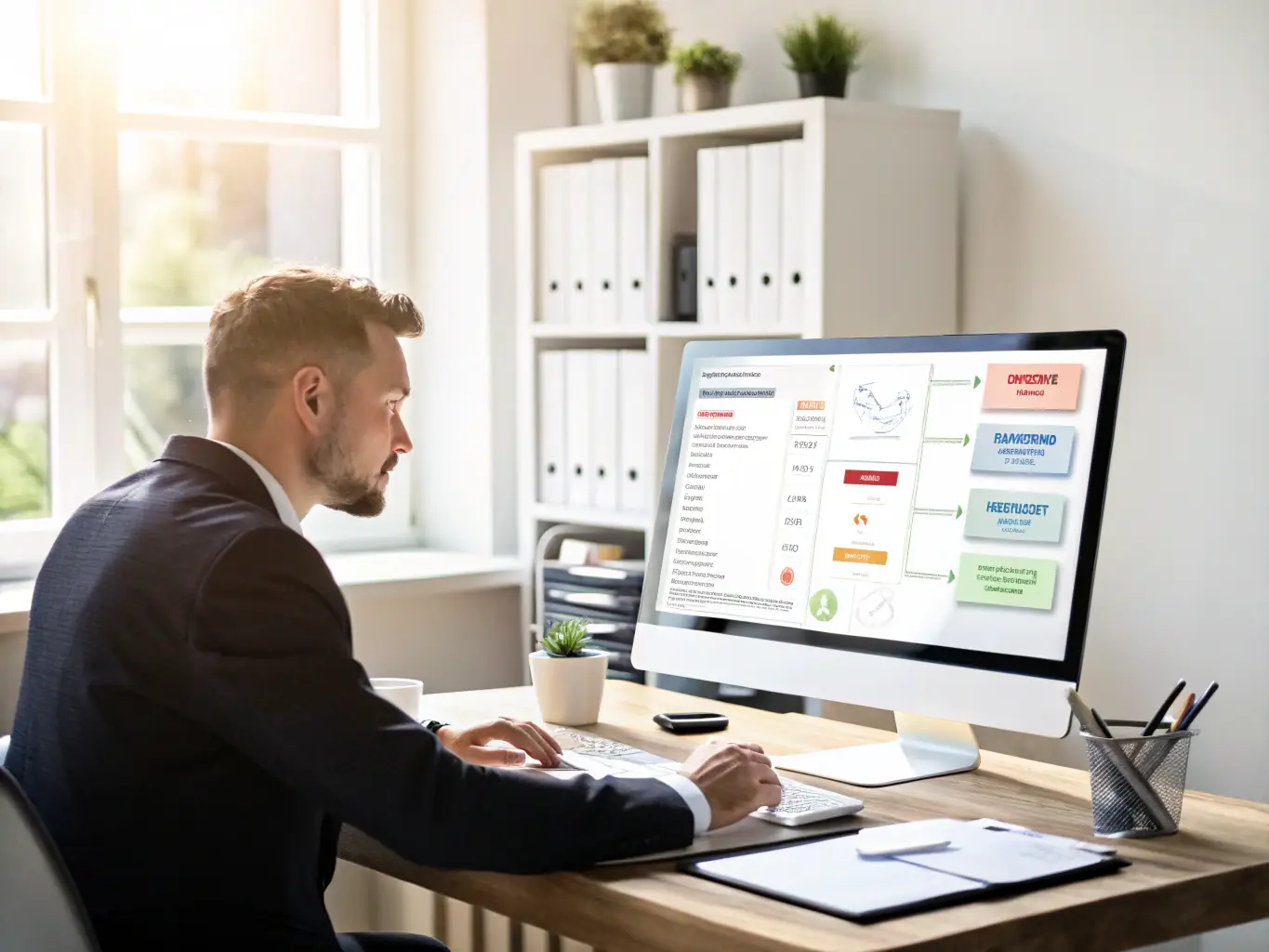 A digital marketing manager is reviewing AI-driven marketing automation reports on a laptop, showcasing improved efficiency and ROI.